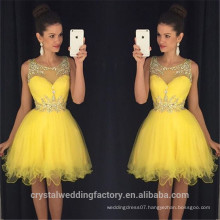 New Sexy Short Prom Dresses Sleeveless Side Front Knee Length Beads yellow cocktail dresses 2017 CWFc2448